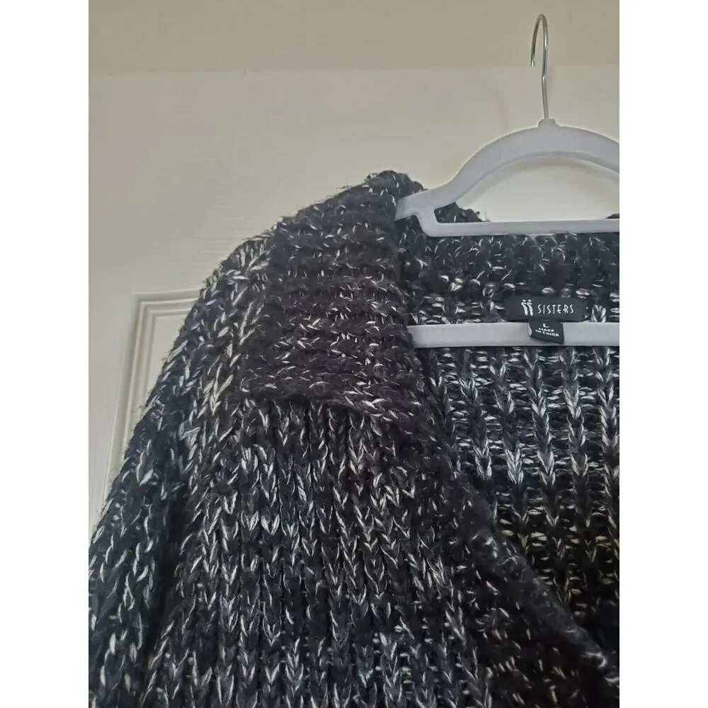 II Sisters Black Grey Shawl Collar Chunky Knit Cardigan Sweater, Women's Large - Picture 3 of 11